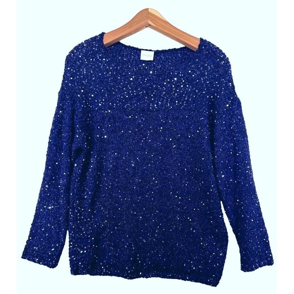 Chicos Womens Sweater Sz L? Purple Sparkle Sequined Party Cocktail Holiday Bling